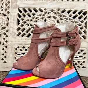 pink suede peep toe high heels